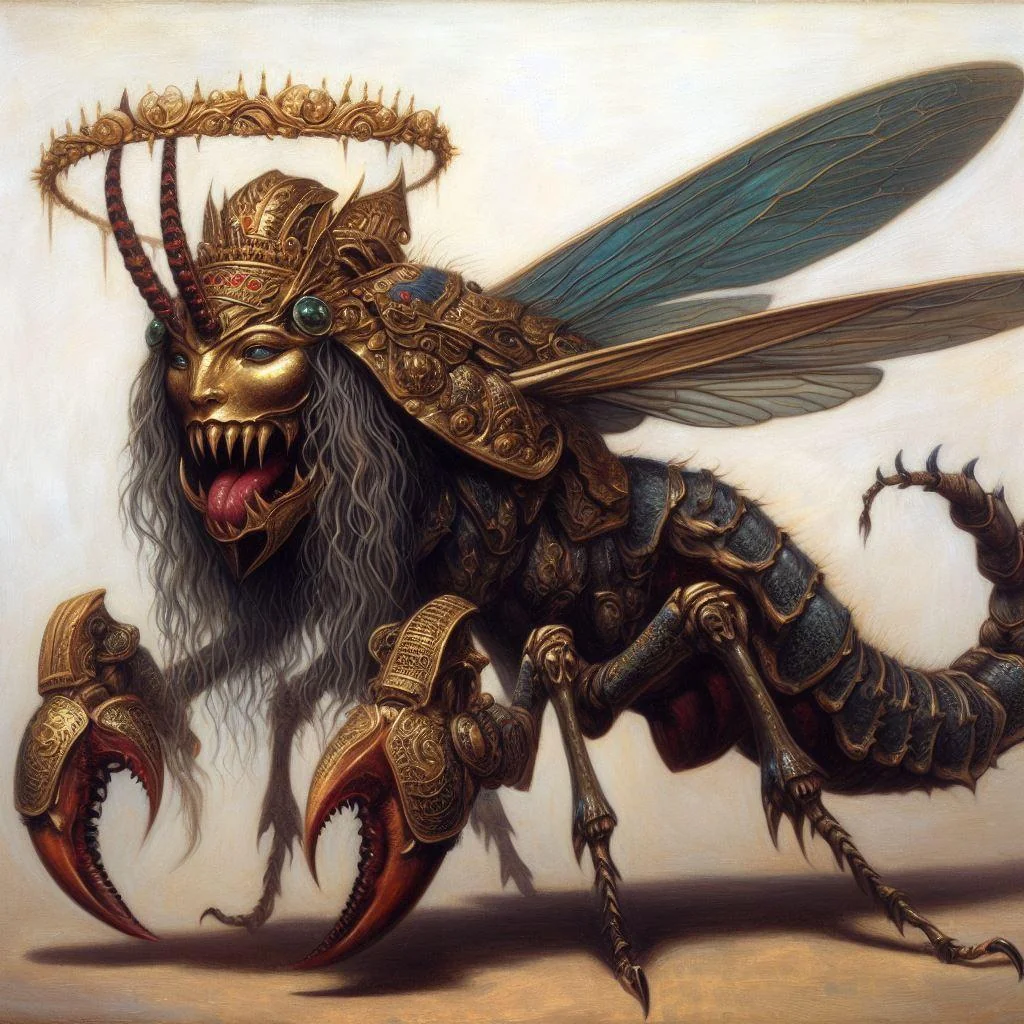 Revelation 9 Locust: scorpion tail, man's face, horse body, locust behavior  Stock Photo - Alamy